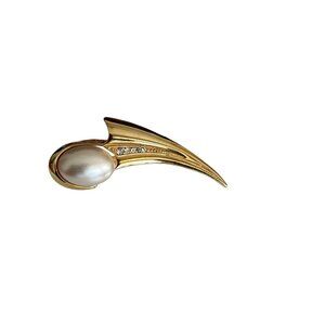 Vintage Gold-Tone Brooch With Faux Pearl & Rhinestones